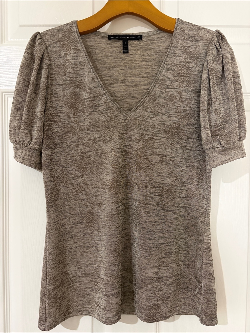 White House Black Market Taupe Marled Puff Sleeve Knit Top Size S